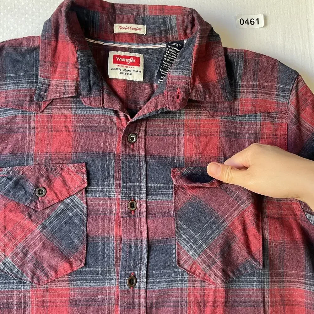Wrangler Men Button Up Shirt M Red Plaid Flannel Western Long Sleeve